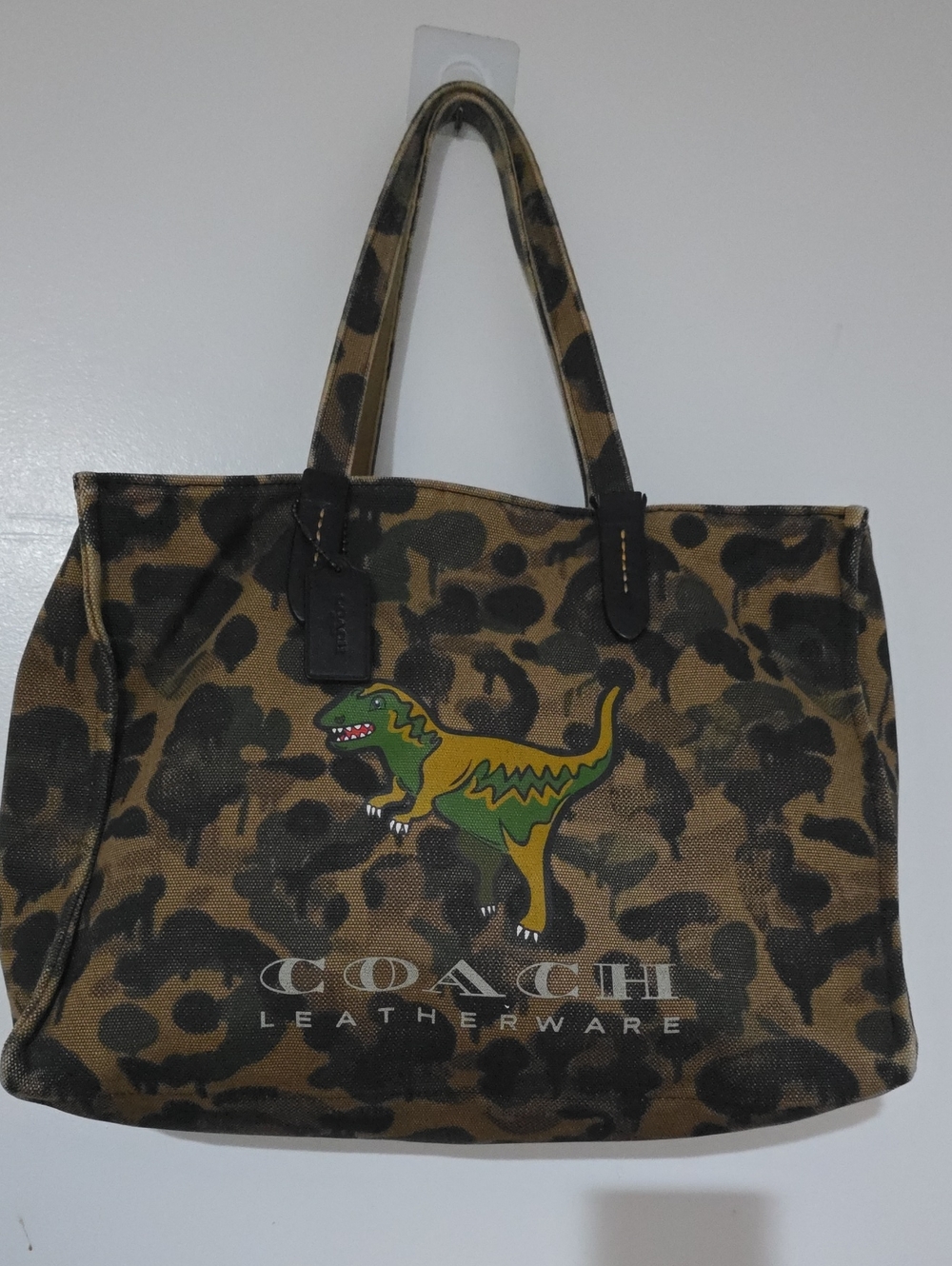 Coach Camouflage Tote with Green Rexy Dinosaur Patch